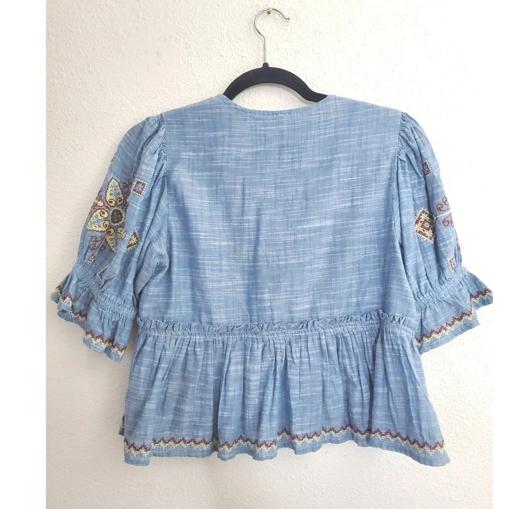 Free‎ People Tallulah Embroidered Chambray Peplum Top Blue XS Bohemian Tassel